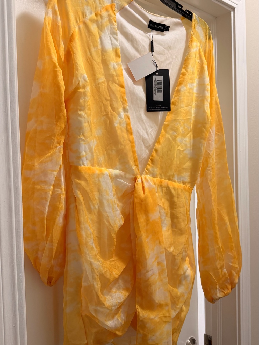 PrettyLittleThing Yellow Tie-Dye Sheer Cover-Up with Front Tie
